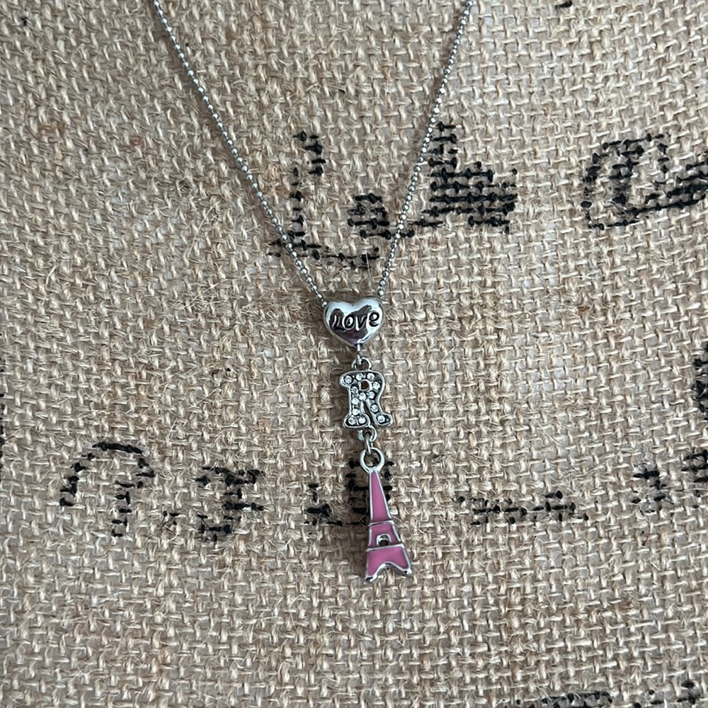 New without tags Eiffel Tower and “R” initial silver necklace